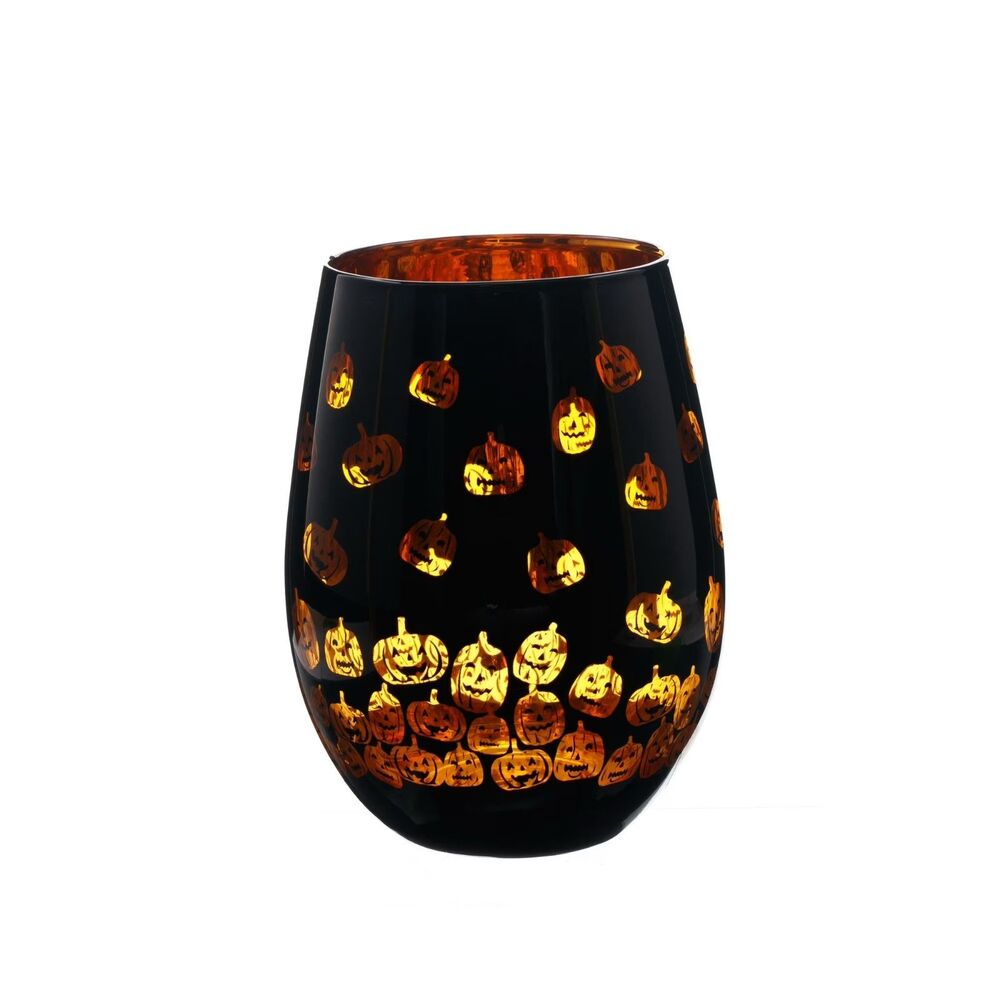 Halloween Pumpkin Stemless Wine Glass 17.5oz Black Orange Way To Celebrate